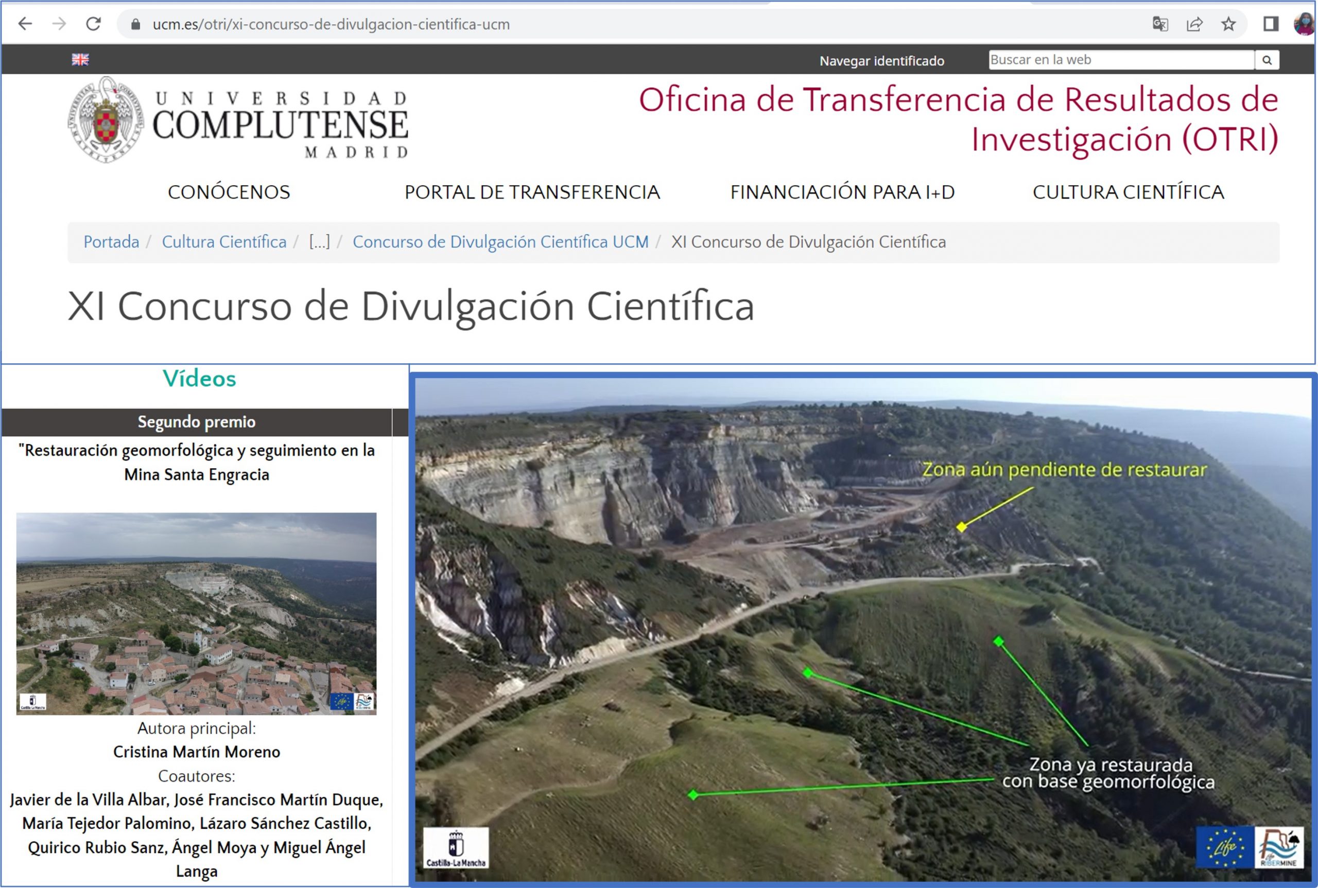 LIFE RIBERMINE video awarded in the “11th UCM Science Dissemination Contest”